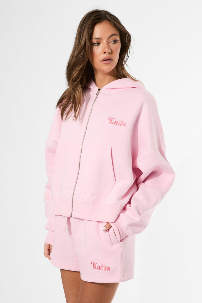 Tia Stripe Zip Up Hoodie in Baby Pink