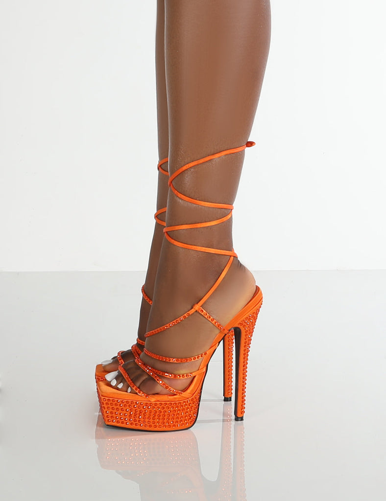 Orange Heels Tie Up Divine Neon Orange PU Strappy Lace Up Square