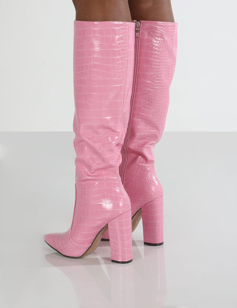 Scarlet Pink Croc Knee High Boots - Main Image