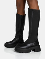 Evergreen Black Pu Wide Fit Knee High Elasticated Detail Chunky Heeled Sole Boots