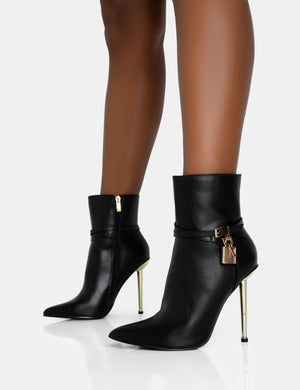 Jalan Black Pu Padlock Detail Pointed Toe Gold Stiletto Heel Ankle Boots