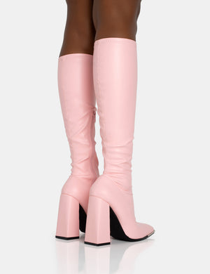 Caryn Baby Pink Pu Knee High Block Heeled Boots