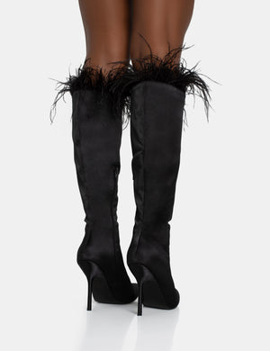 Baddie Black Satin Feather Pointed Court Stiletto Knee High Boots