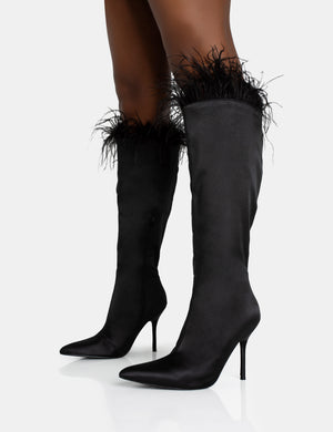 Baddie Black Satin Feather Pointed Court Stiletto Knee High Boots