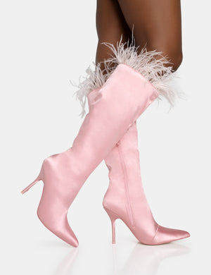 Baddie Baby Pink Satin Feather Pointed Toe Stiletto Knee High Boots