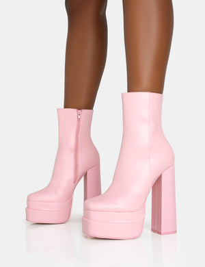 Supine Baby Pink PU Chunky Heeled Platform Ankle Boots