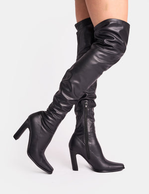 Acquaria Black Pu Over the Knee Flared Heel Boots