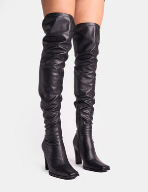 Acquaria Black Pu Over the Knee Flared Heel Boots