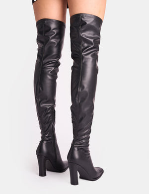 Acquaria Black Pu Over the Knee Flared Heel Boots