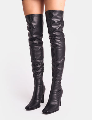 Acquaria Black Pu Over the Knee Flared Heel Boots