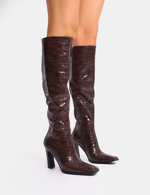 Acquilla Brown Croc Knee High Flared Heel Boots