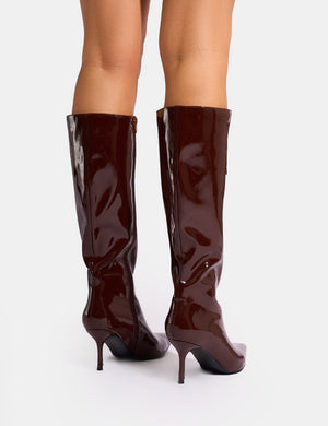 Amped Chocolate Patent Pointed Toe Mid Heel Knee High Boots