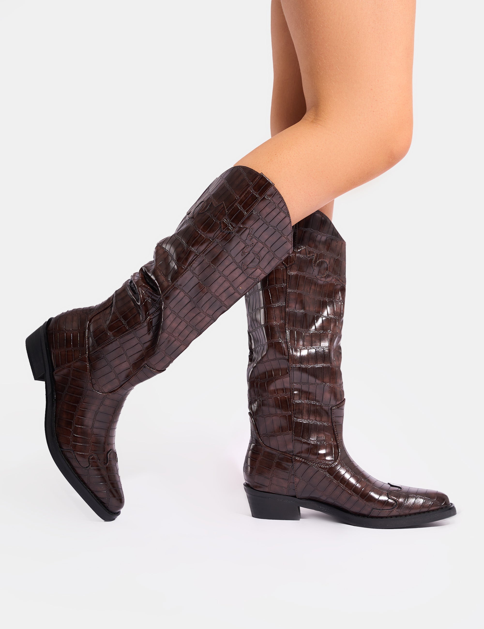 Knee Boots Croc Boots Brown Haiden Brown Patent Croc Effect Knee