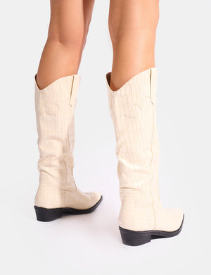 Apollo Cream Brown Stitch Flat Western Knee High Boots