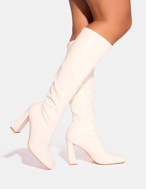 Audrina White Pu Block Heel Knee High Sock Boots