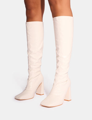 Audrina White Pu Block Heel Knee High Sock Boots