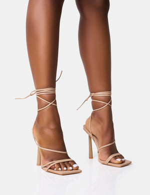 Bad Gal Nude Strappy Lace Up Square Toe Heels