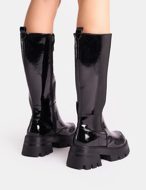 Bryant Black Patent Chunky Sole Elasticated Knee High Boots