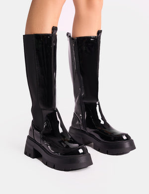 Bryant Black Patent Chunky Sole Elasticated Knee High Boots