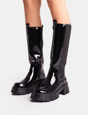 Bryant Black Patent Chunky Sole Elasticated Knee High Boots