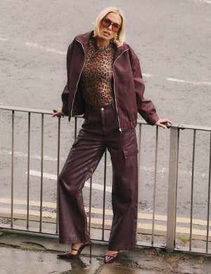 Faux Leather Cargo Trousers Burgundy