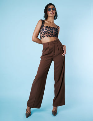 High Waisted Tailored Wide Leg Trousers Chocolate