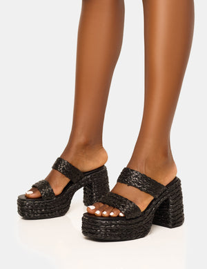 Cassidy Black Double Strap Jute Platform Block Heel