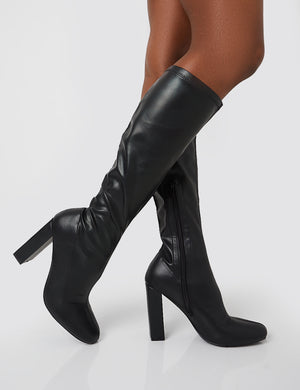 Christina Black Pu Pointed Toe Block Heel Knee High Boots