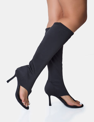 Devi Black Neoprene Toe Post Stiletto Knee High Boots