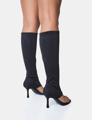 Devi Black Neoprene Toe Post Stiletto Knee High Boots