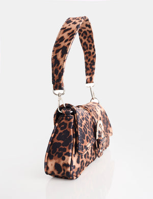 Sonja Leopard Satin Diamante Buckle Baguette Bag