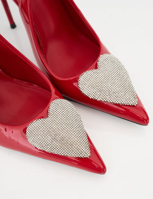 Elvis Red Patent Diamante Heart Brooch Slingback Pointed Toe Court High Heels