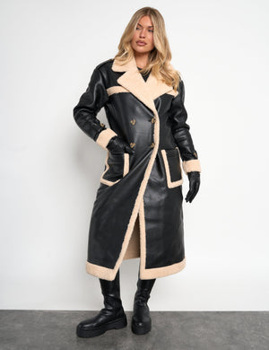 Borg Lined Faux Leather Maxi Aviator Coat Black