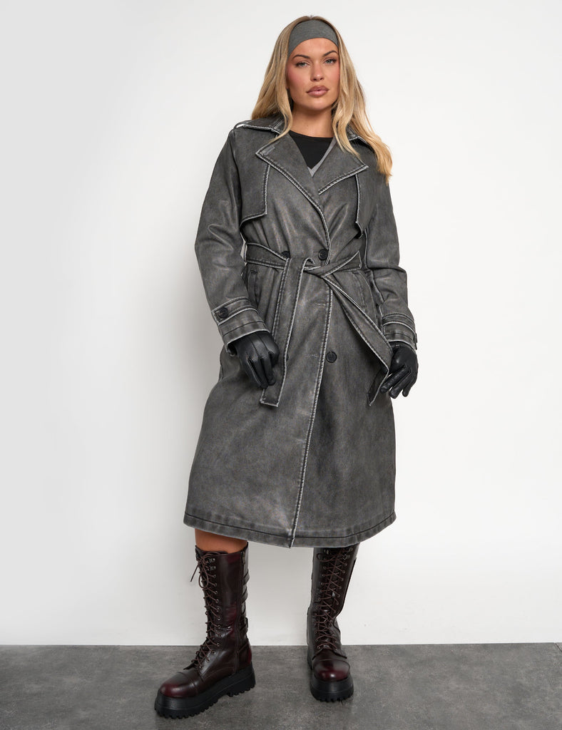 Distressed Faux Leather Long Trench Coat Dark Grey