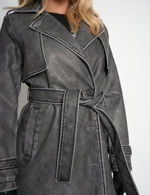 Distressed Faux Leather Long Trench Coat Dark Grey