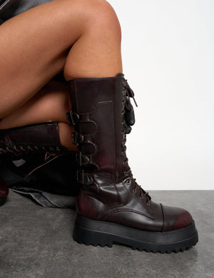 Vex Burgundy Multi Buckle Detail Lace Up Knee High Boots