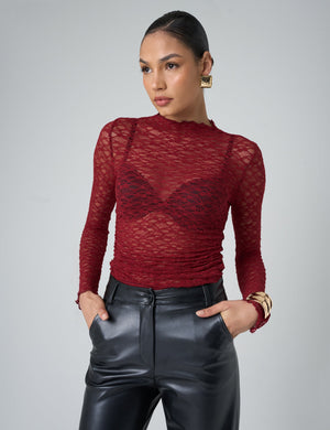 Lace Long Sleeve Top Burgundy