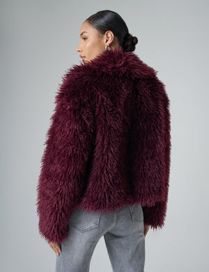 Short Shaggy Fur Jacket Burgundy