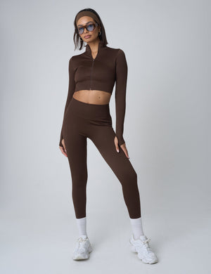 Ribbed Cropped Zip Long Sleeve Top Chocolate