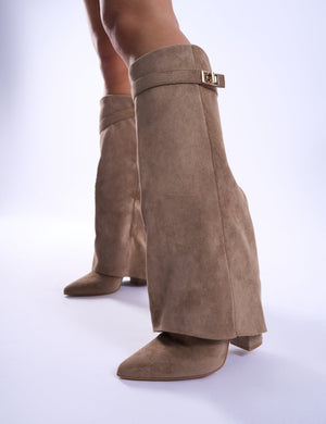 Say Yes Beige Faux Suede Padlock Fold Over Knee High Boots