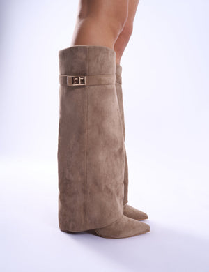 Say Yes Beige Faux Suede Padlock Fold Over Knee High Boots