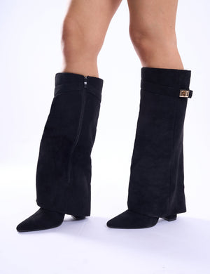 Say Yes Black Faux Suede Padlock Fold Over Knee High Boots