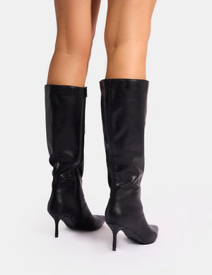 Amped Black Pointed Toe Mid Heel Knee High Boots