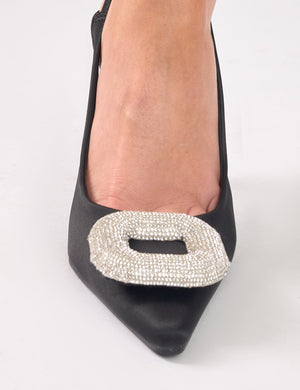 Floss Black Satin Diamante Embellished Sling Back Court Heels