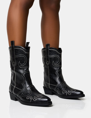 Folklore Black Embroidered Flat Western Ankle Boots