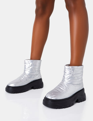 Frostbite Metallic Silver Nylon Quilted Chunky Sole Ankle Boots