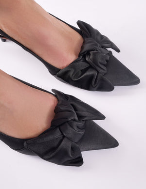 Iris Black Bow Detail Satin Black Sling Back Kitten Heel Court Shoes