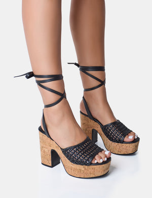 Jos Black Wide Fit Netted Lace Up Cork Platform Sandals