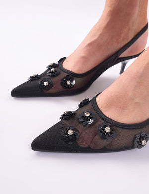 Kyle Black Floral Embellishment Mesh Black Slingback Kitten Heel Court Shoes