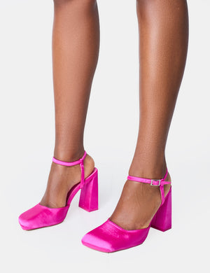 Leighton Pink Satin Slant Toe Block Heels